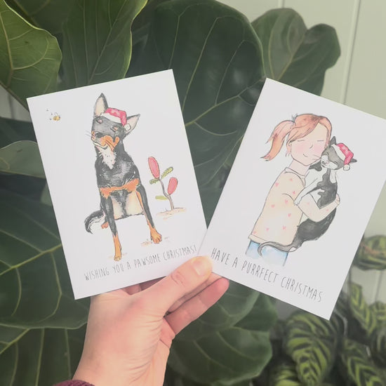 Cat and dog themed christmas greeting cards held by a hand with a pot plant in the background