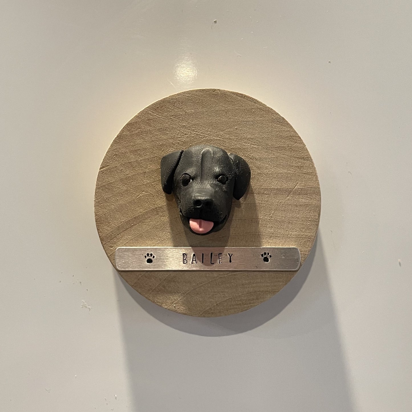 Handmade custom timber magnetic bottle opener with 3D dog face and name.