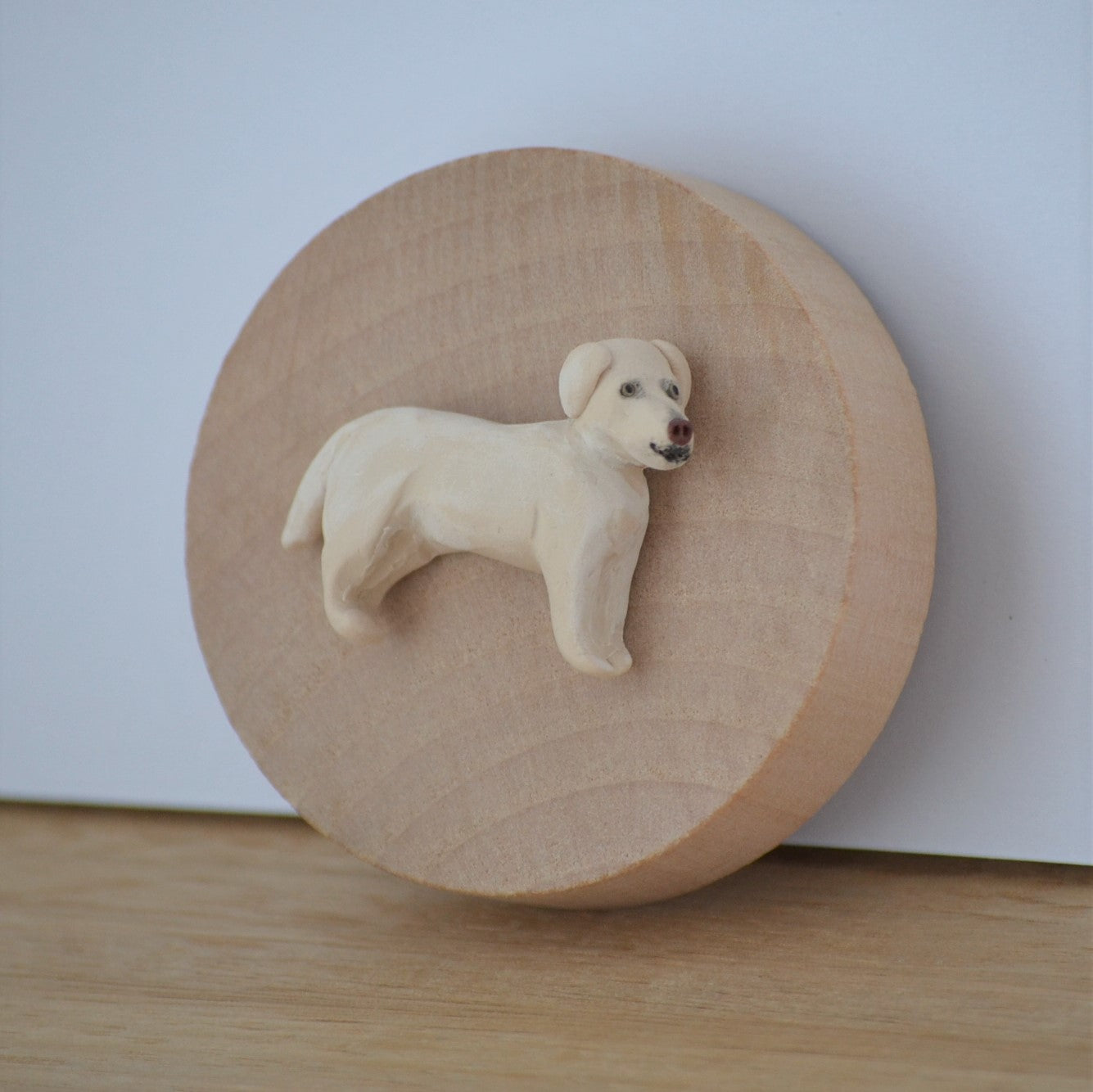 Timber bottle opener with handmade clay yellow lab sculpture attached