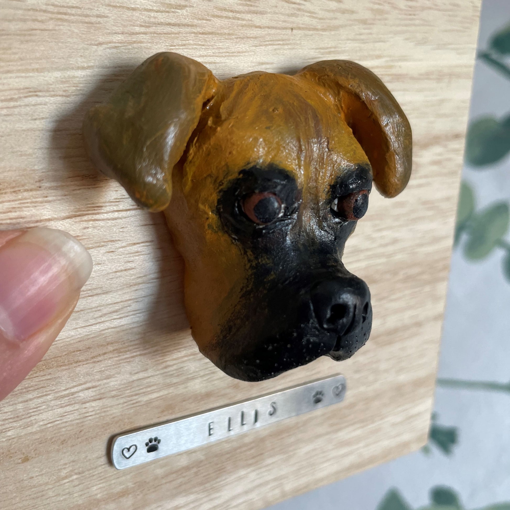 Close up view of a custom timber pet memorial keepsake box with handscultped dog face on the lid, with a name plaque reading Ellis.