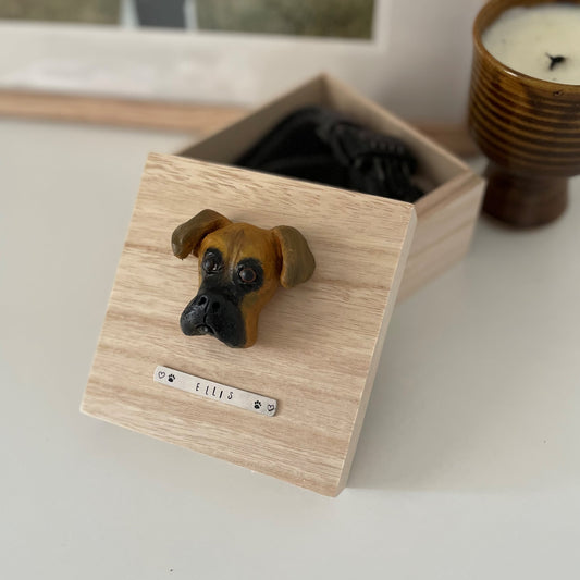 Custom timber pet memorial keepsake box with handscultped dog face on the lid, with a name plaque reading Ellis.