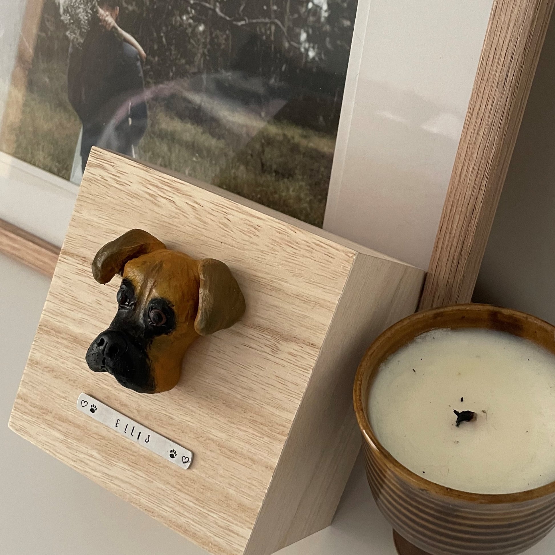 Custom timber pet memorial keepsake box with handscultped dog face on the lid, with a name plaque reading Ellis, standing beside candle and in front of photo frame,.