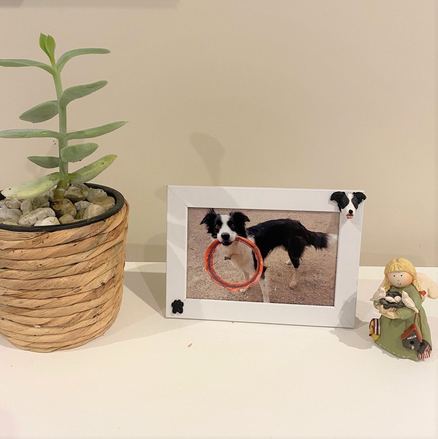 Pet memorial photo frame shown of a border collie dog