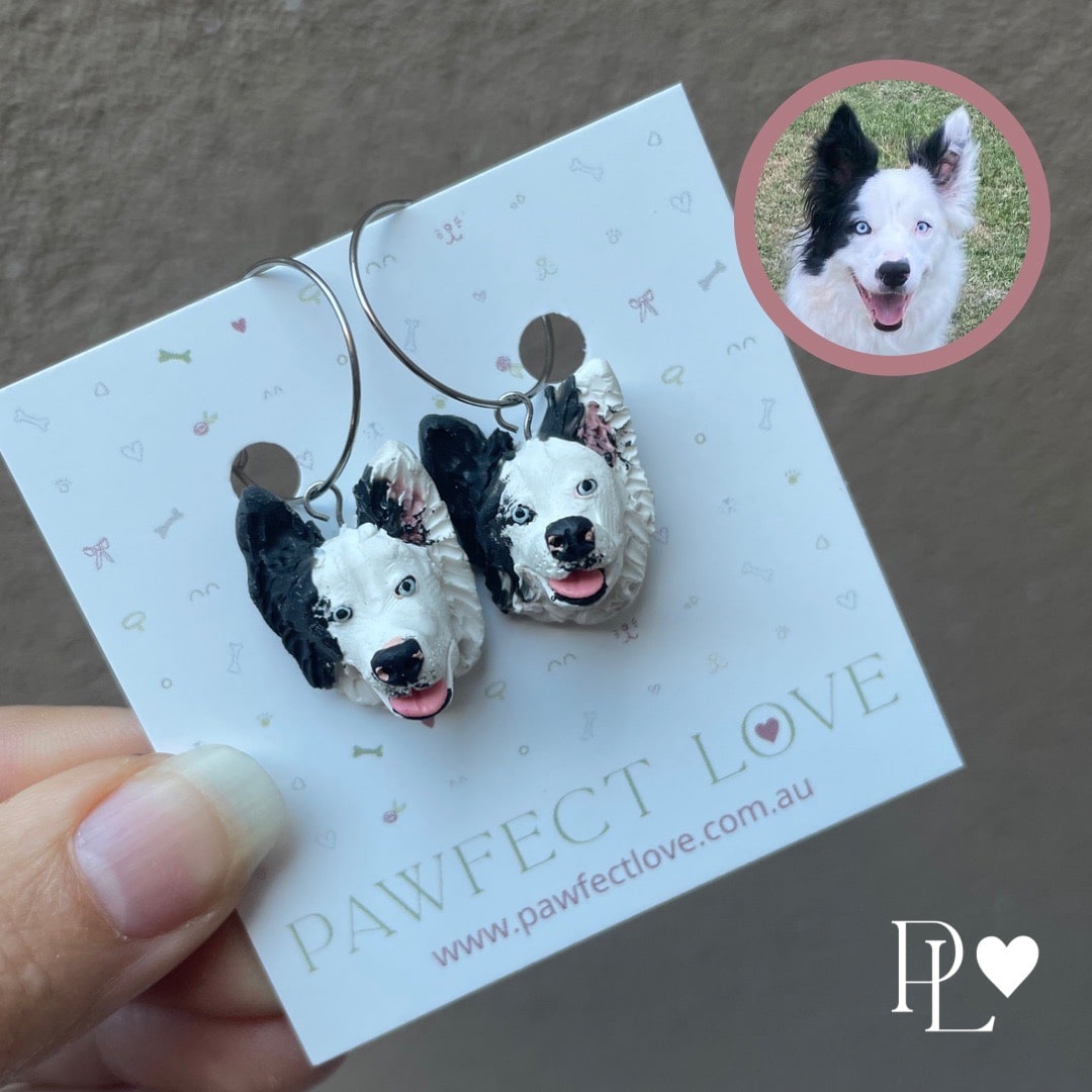 Handmade polymer clay dangle custom pet earrings of a border collie dog.