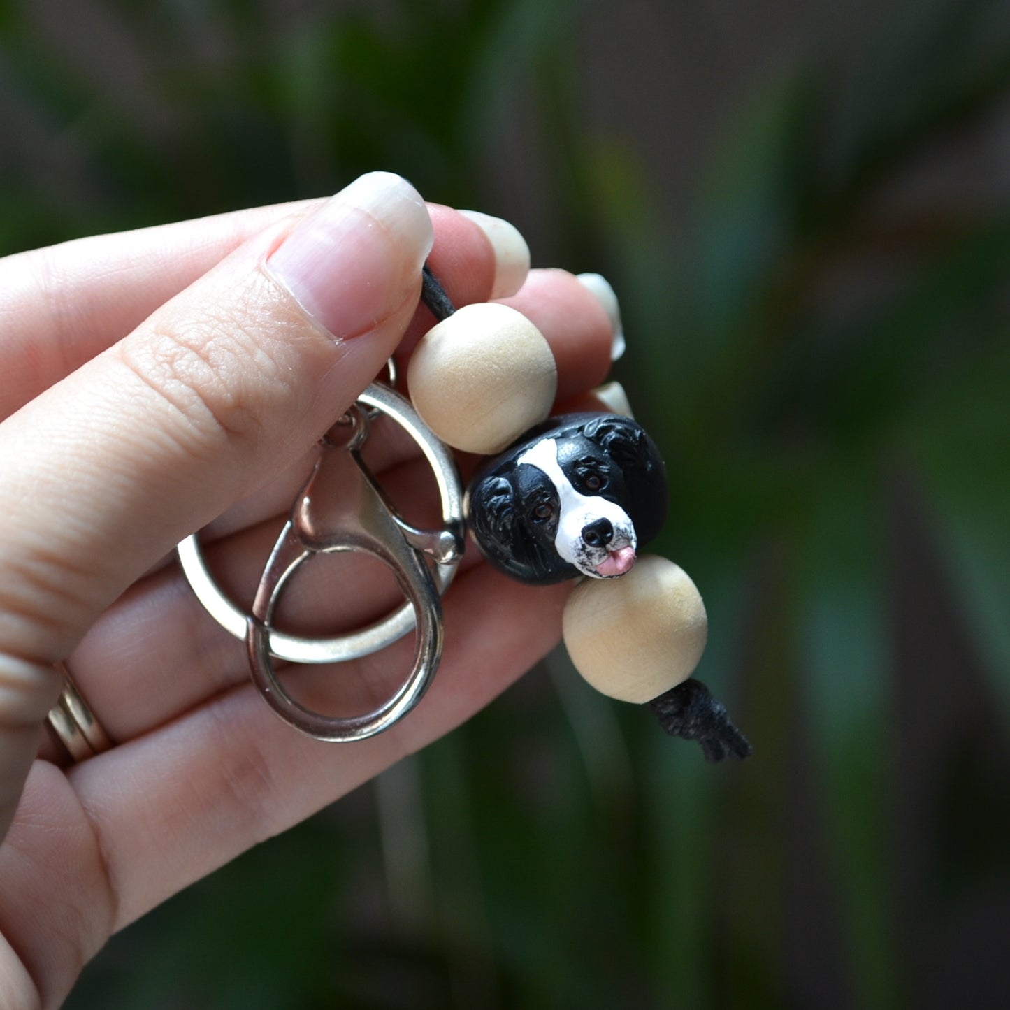 Handmade timber and polymer clay border collie dog keychain