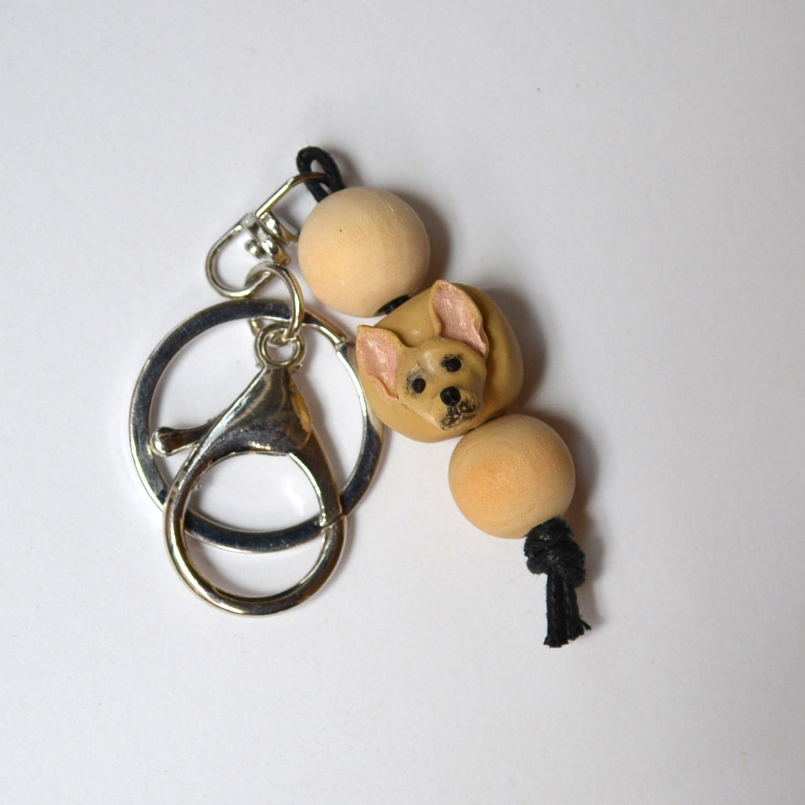 Handmade timber and polymer clay chihuahua dog keychain on white background