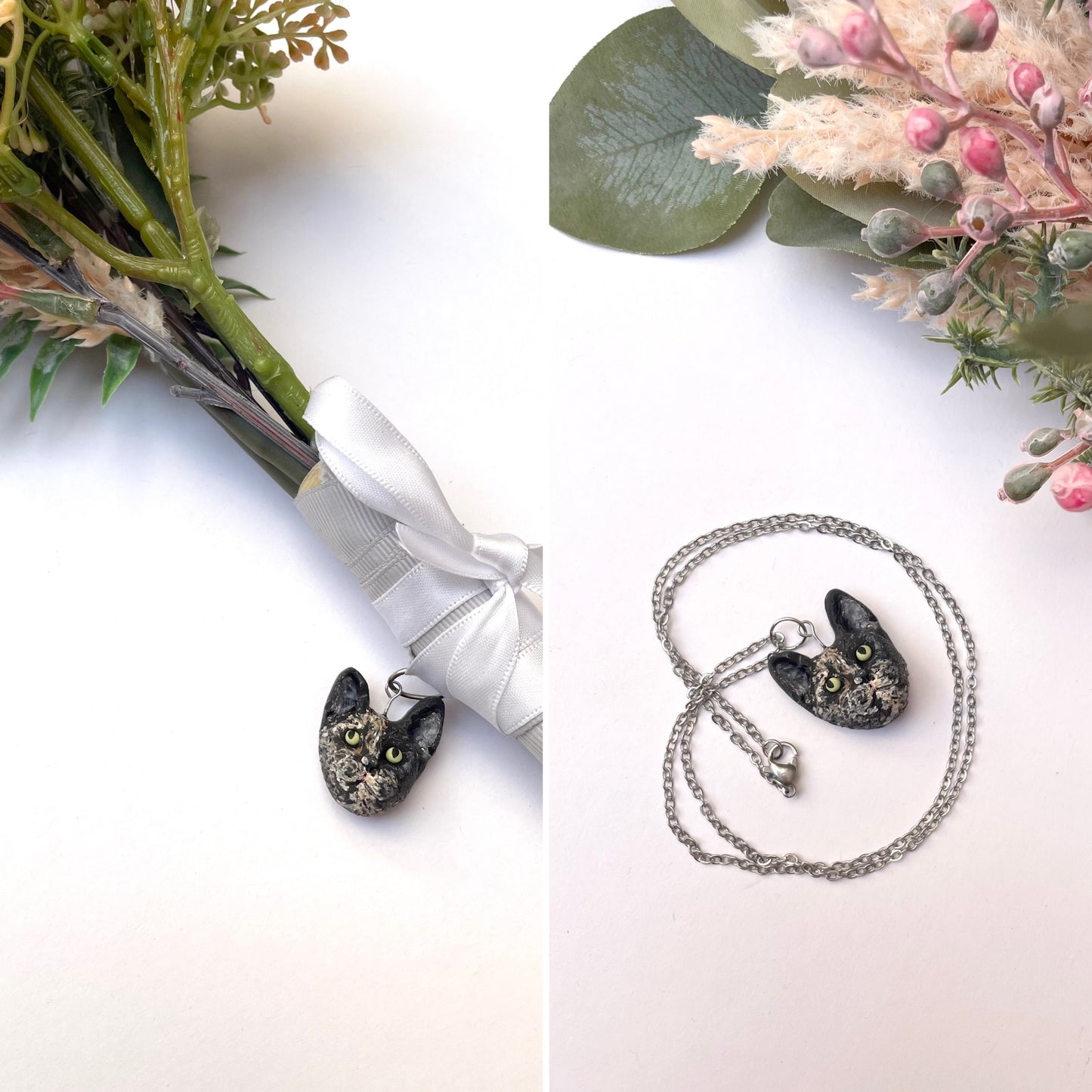 Demostration of how a custom pet bouquet charm can be used as a necklace pendant also.