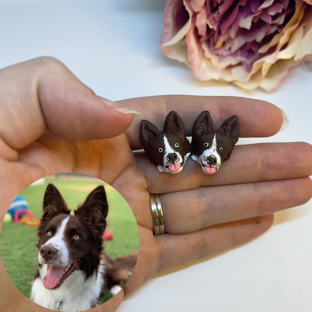Brown border collie custom dog cufflinks demostrated with secondary photo showing the likeness to the actual dog.