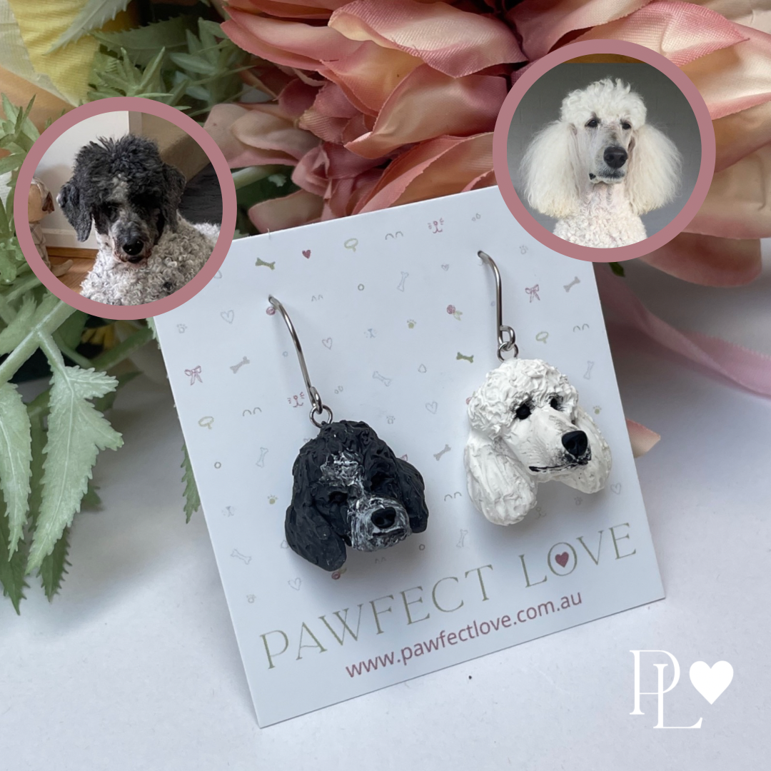 Handmade polymer clay dangle custom pet earrings of a 2 different poodle dogs.