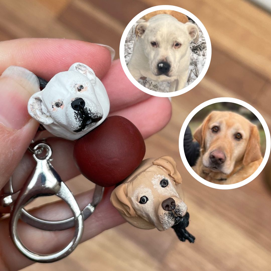 Handmade custom pet keyring with 2 individual dog face beads.