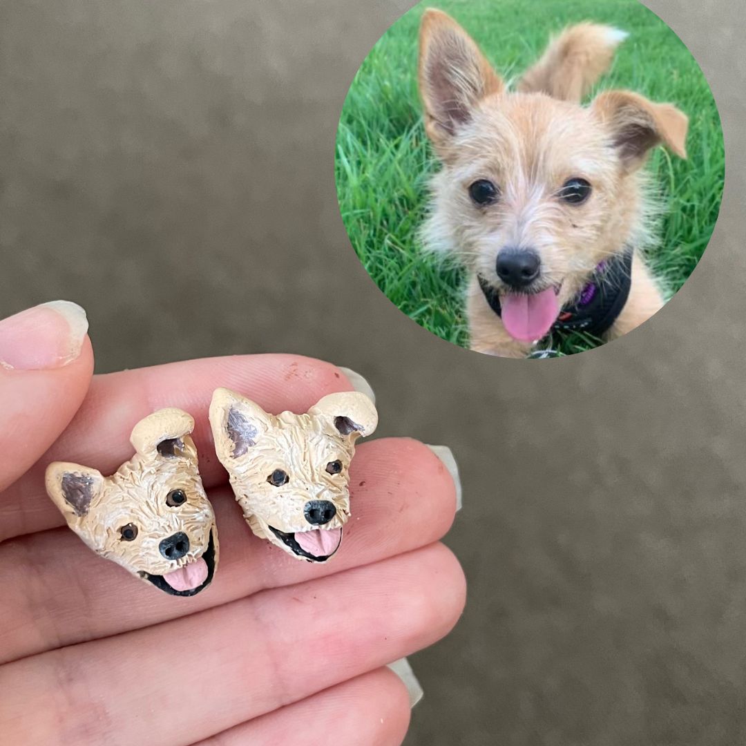 Handmade custom pet earrings of a terrier dog.
