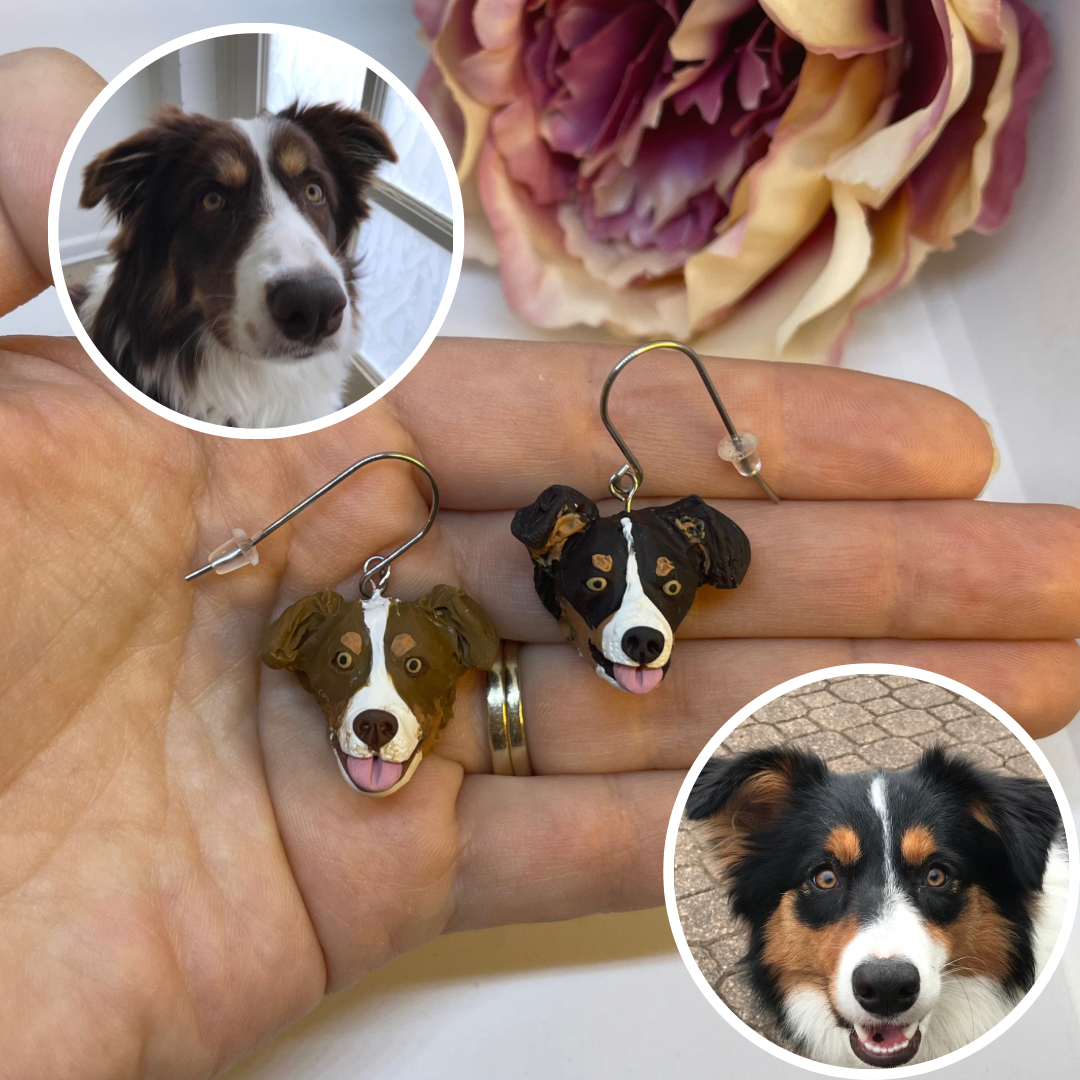 Handmade polymer clay dangle custom pet earrings of 2 different border collie dogs.
