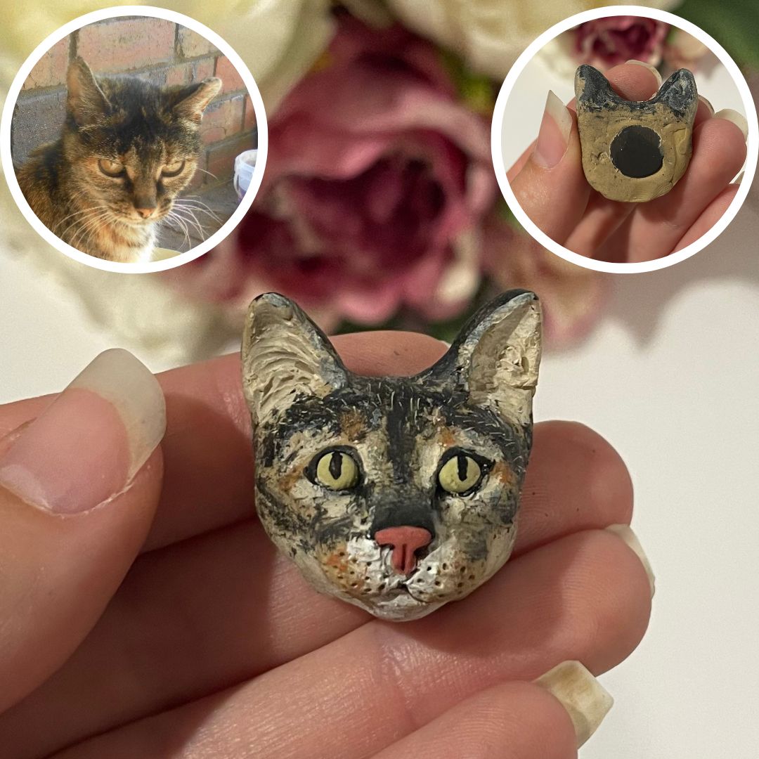 Handmade polymer clay pet memorial fridge magnet, made to look like a tabby cat..
