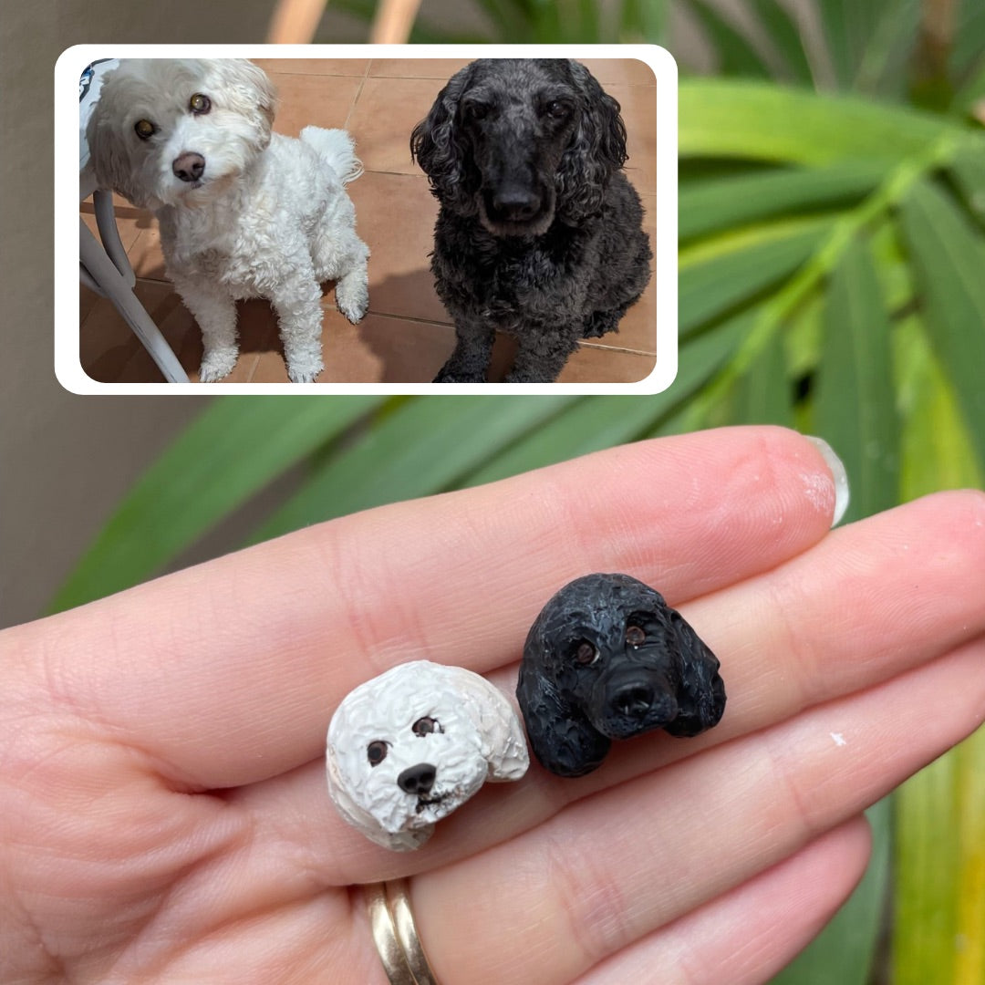Handmade polymer clay custom pet stud earrings of a 2 different poodle cross dogs.