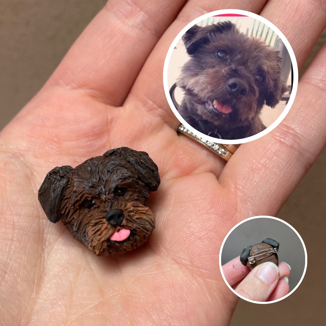 Handmade custom pet face brooch showing a brown terrier's face.