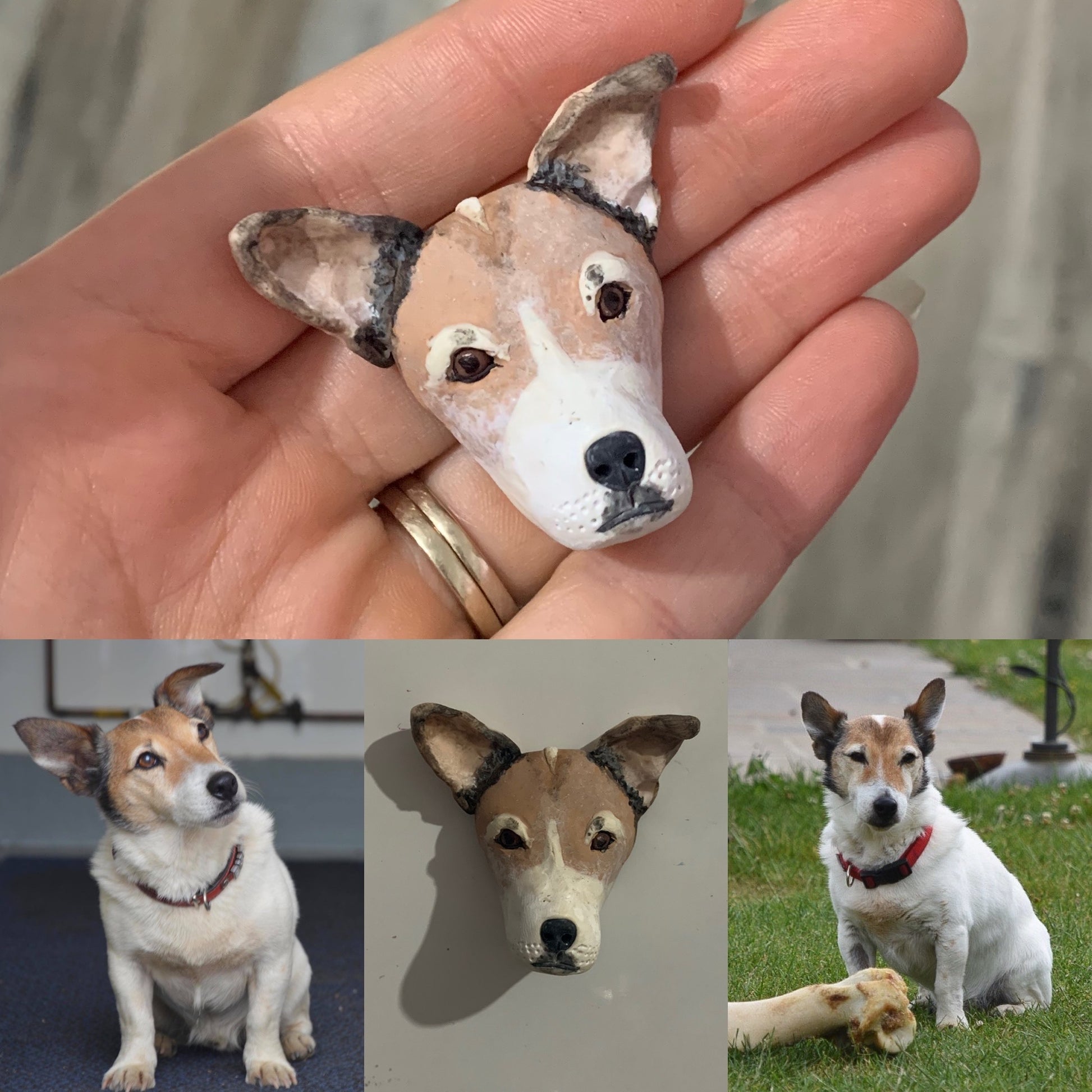 Handmade polymer clay pet memorial fridge magnet, made to look like a Jack Russell dog.