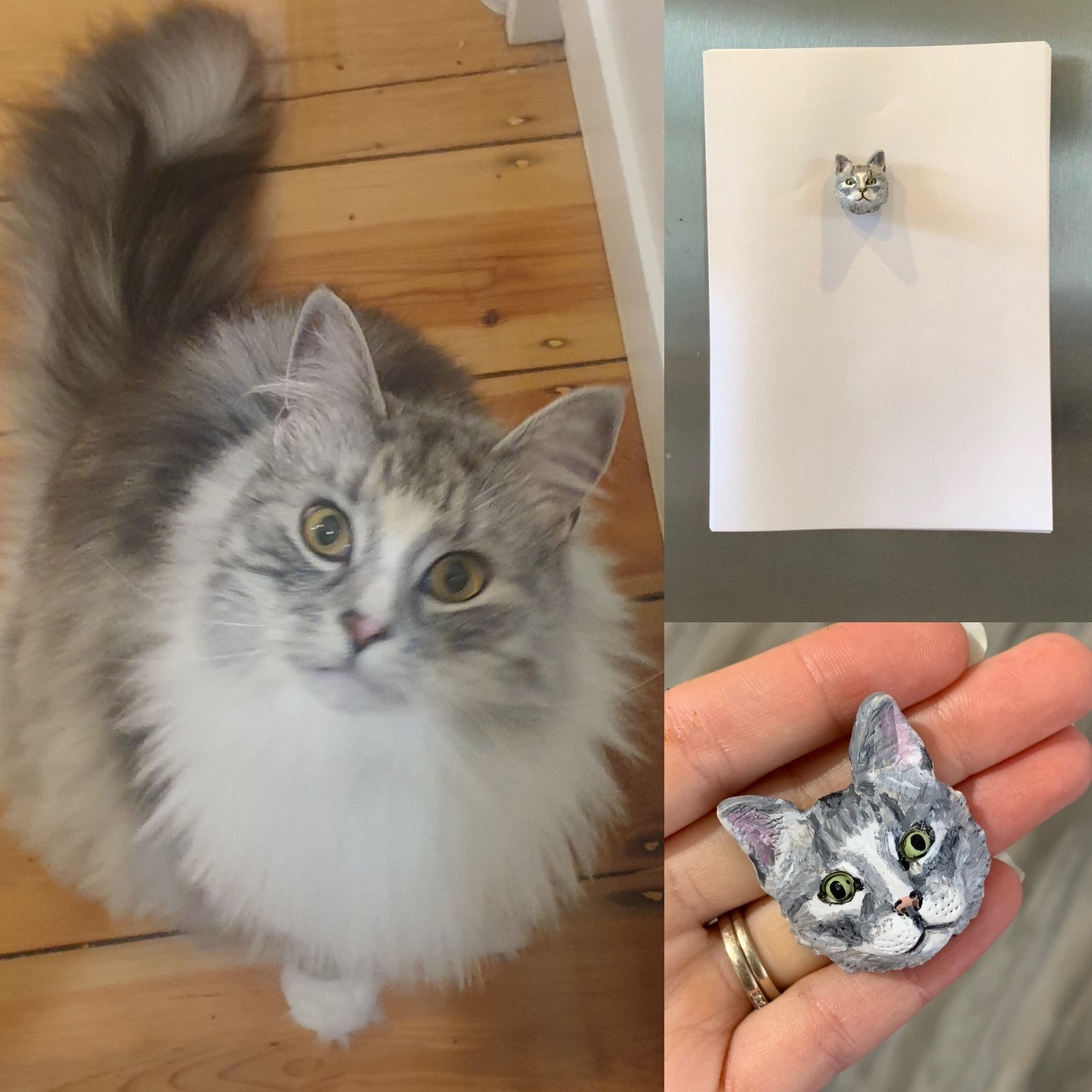 Handmade polymer clay pet memorial fridge magnet, made to look like a fluffy grey and white cat..